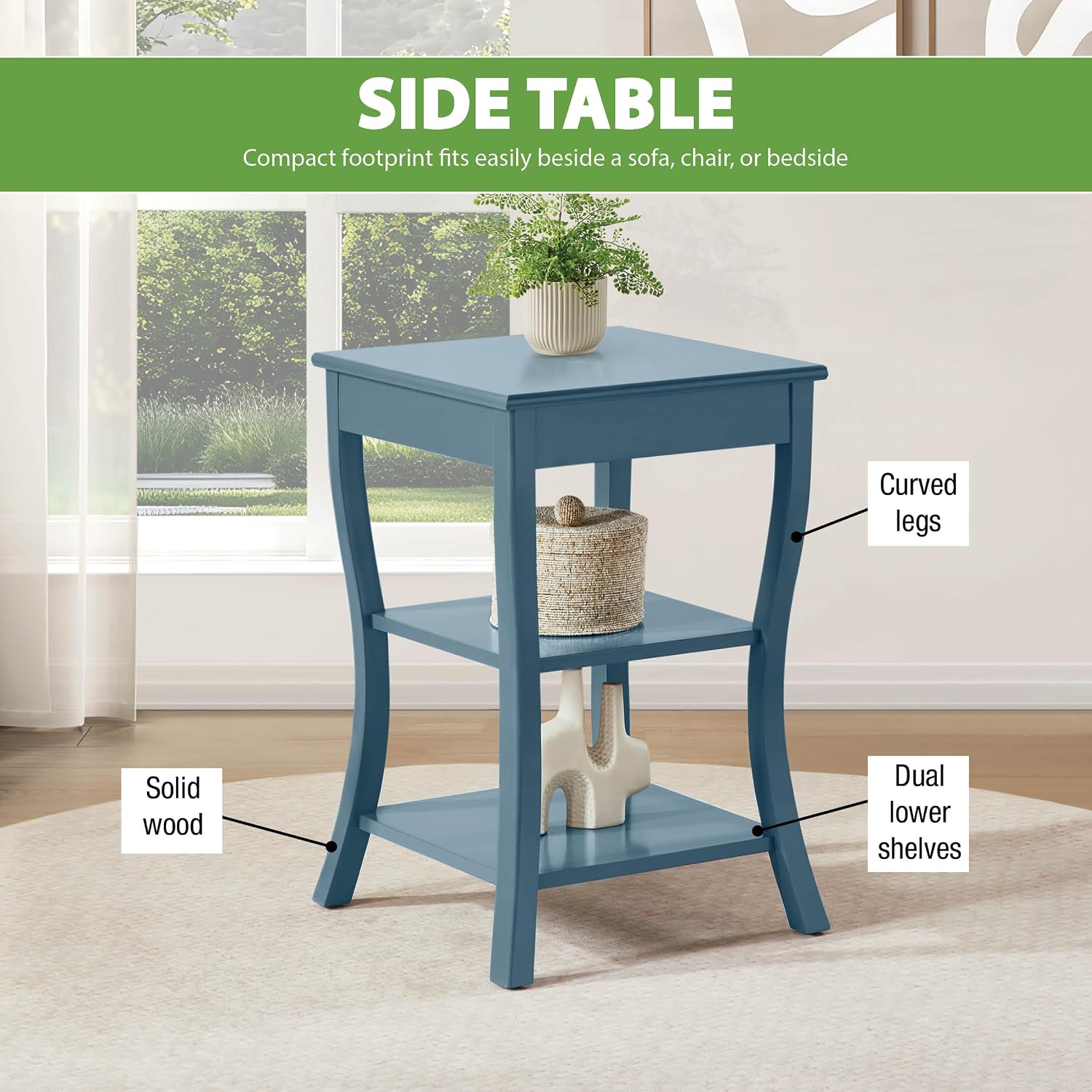 OSP Home Furnishings Golden Side Table with Lower Shelves, Solid Wood Construction, Square with Curved Legs, Blue Finish
