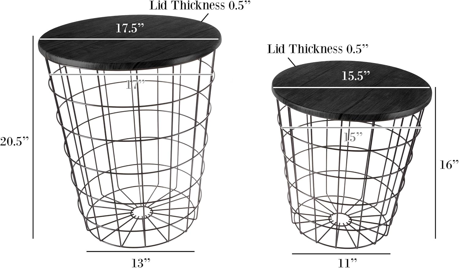 End Tables Set of 2 - Nesting Tables with Removable Wood Tops and Metal Basket Bases for Blanket Storage - Round Side Pieces for Living Room, Bedroom, or Home Office by Lavish Home (Black)