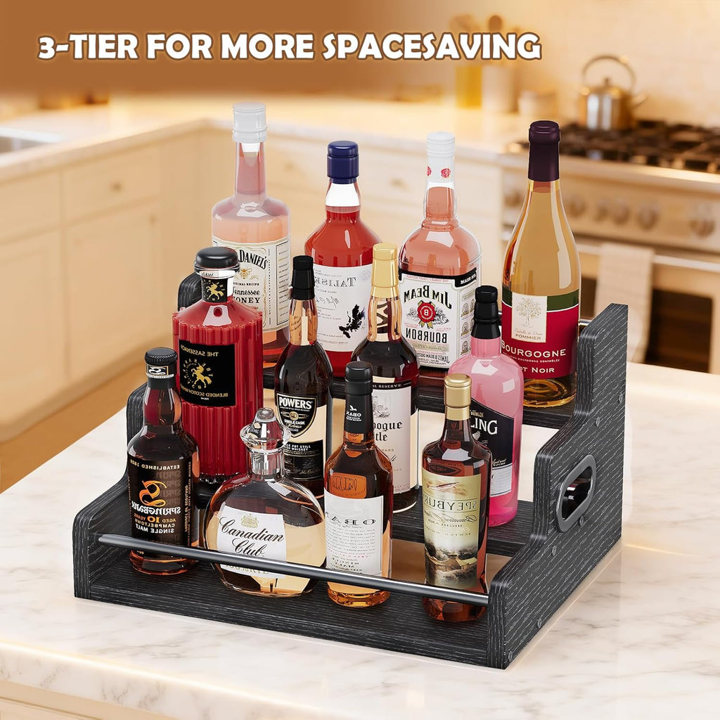 Liquor Bottle Display Shelf, LED Wine Bottle Display Rack with Remote Control, 3-Tier Bar Shelf Stand, Whiskey Spirits Wine Holder for Tavern, Liquor Cabinet, Coffee Syrup Rack for Home(Black)