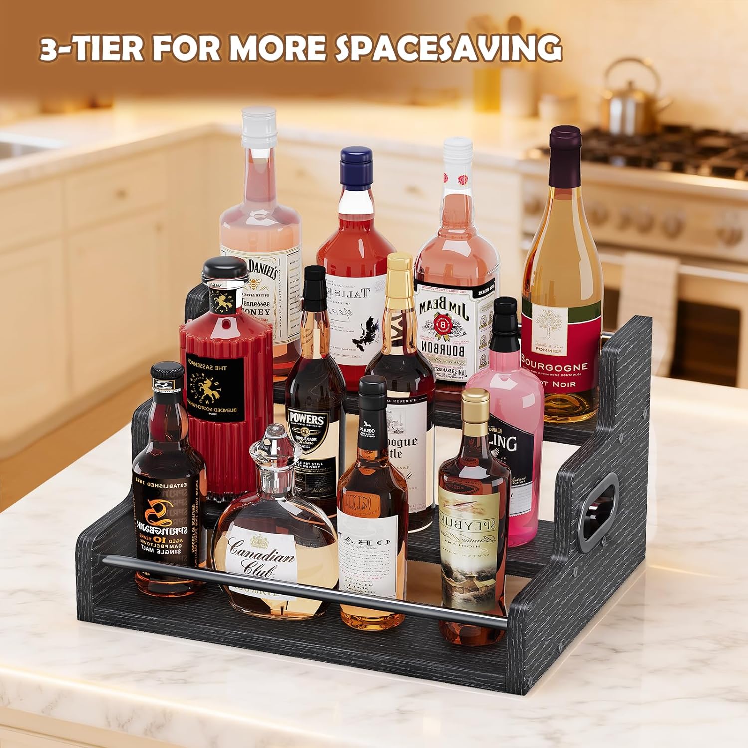 Liquor Bottle Display Shelf, LED Wine Bottle Display Rack with Remote Control, 3-Tier Bar Shelf Stand, Whiskey Spirits Wine Holder for Tavern, Liquor Cabinet, Coffee Syrup Rack for Home(Black)