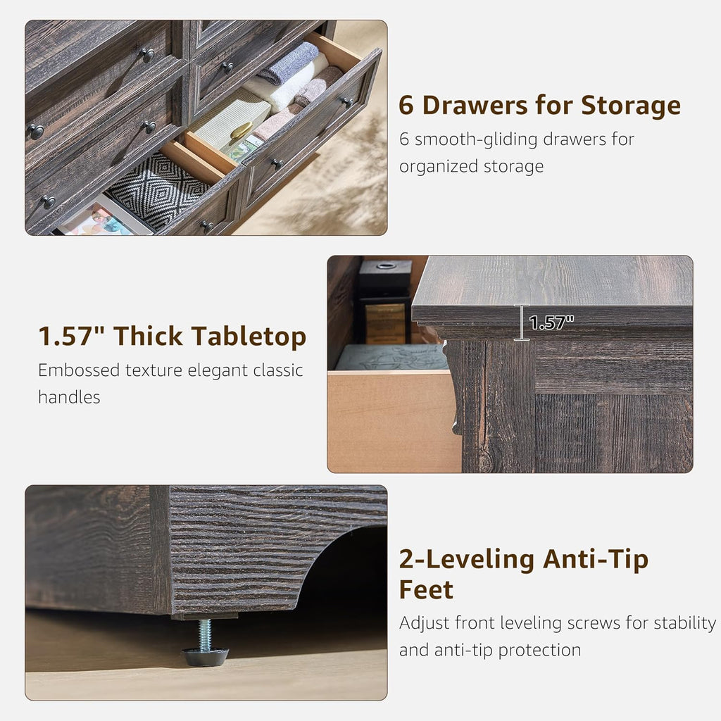 6 Drawers Dresser for Bedroom, 54" Wide Wood Large Dressers w/Roman Column | Dressers & Chests of Drawers, Wooden Dresser TV Stand for Nursery Bedroom Living Room Hallway,Dark Rustic Oak