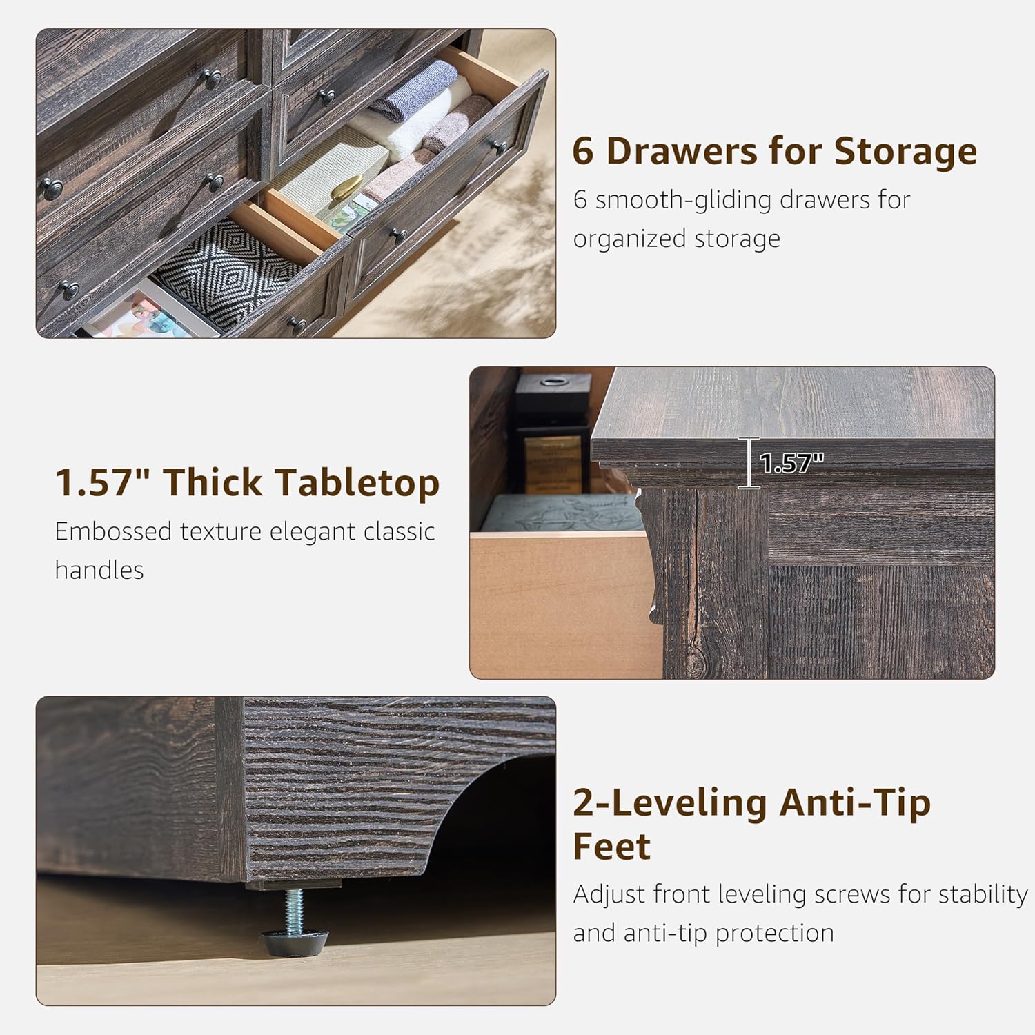 6 Drawers Dresser for Bedroom, 54" Wide Wood Large Dressers w/Roman Column | Dressers & Chests of Drawers, Wooden Dresser TV Stand for Nursery Bedroom Living Room Hallway,Dark Rustic Oak