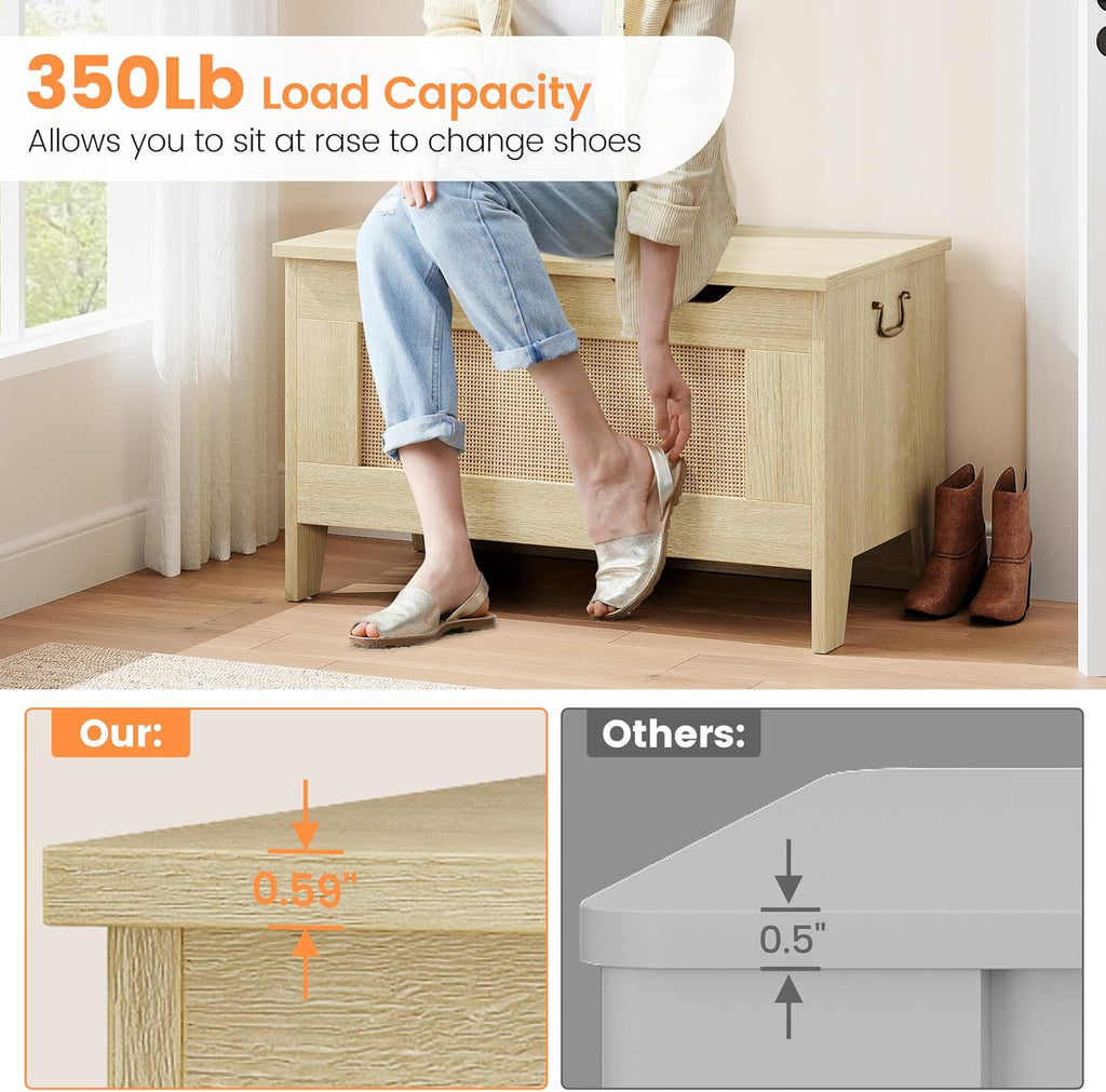 IDEALHOSUE 30” Storage Chest, Wooden Storage Bench with Safety Hinge, Retro Blanket Storage Trunk for Entryway, Living Room, Supports 350 lb, Light Oak