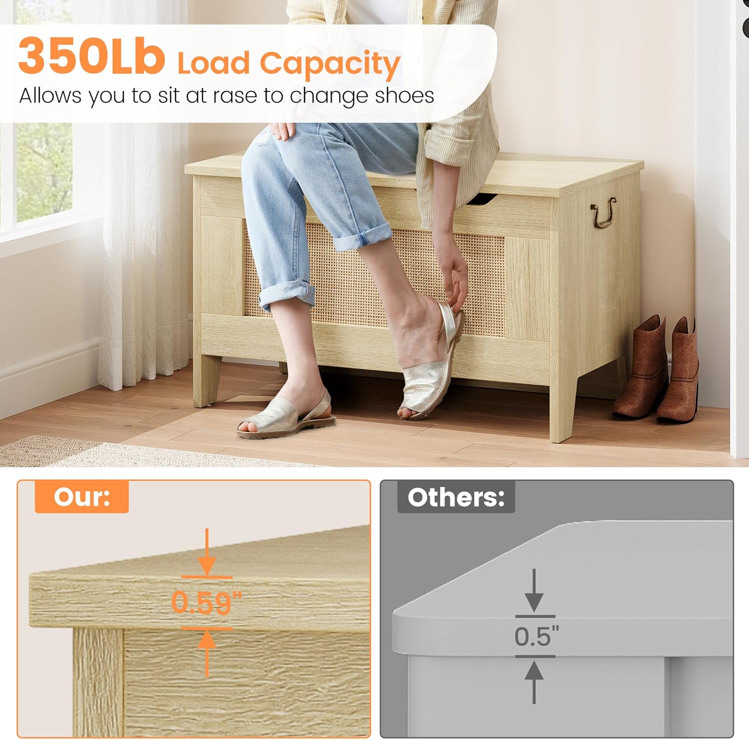IDEALHOSUE 30” Storage Chest, Wooden Storage Bench with Safety Hinge, Retro Blanket Storage Trunk for Entryway, Living Room, Supports 350 lb, Light Oak