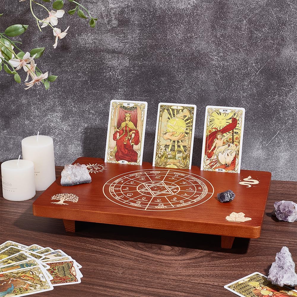 UNICRAFTALE Altar Table Wooden Small Altar Table 7.99x12 Inch Brown Meditation Table Engraved The Twelve Zodiac Rings Tree of Life Pattrns on Table Top for Room Decor Wiccan Supplies