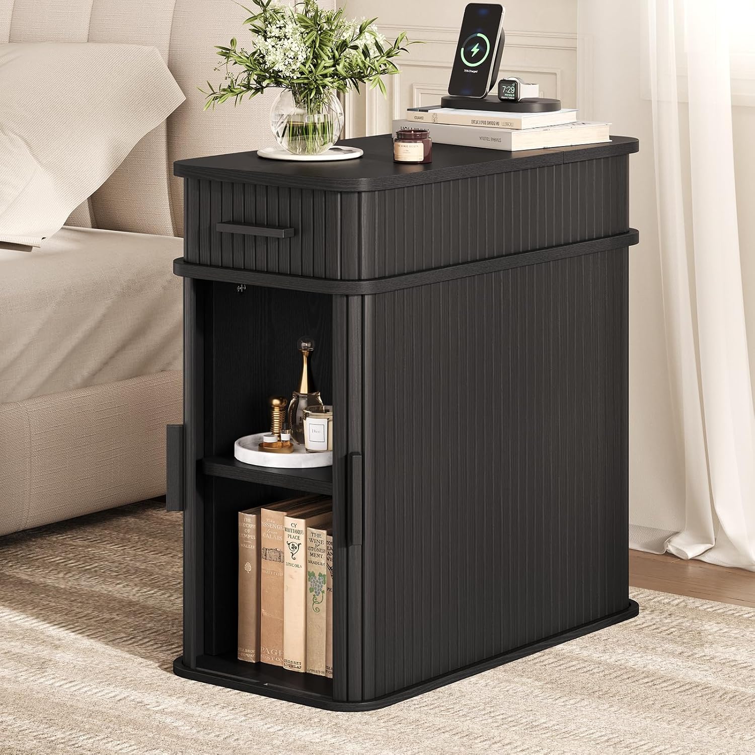 Side End Table with Charging Station, Slim Nightstand with Drawer, Mid-Century Wood Skinny Bedside Table with Storage, Narrow Side Tables for Small Space Living Room Bedroom Office Sofa Couch Black