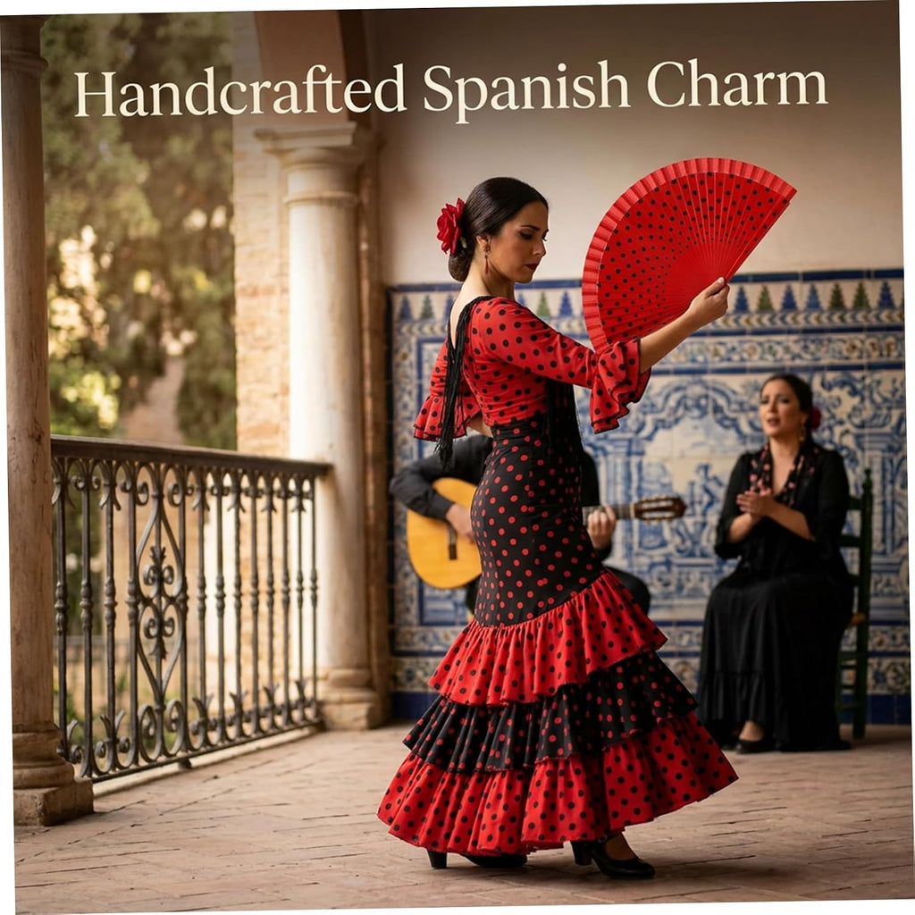 Hand Fans Foldable, Spanish Fan with Smooth Opening, Hand-Painted Dance Fans with Red Polka Dot Design on Cotton, Wooden Handle Foldable Fan for Flamenco Performances, Spanish