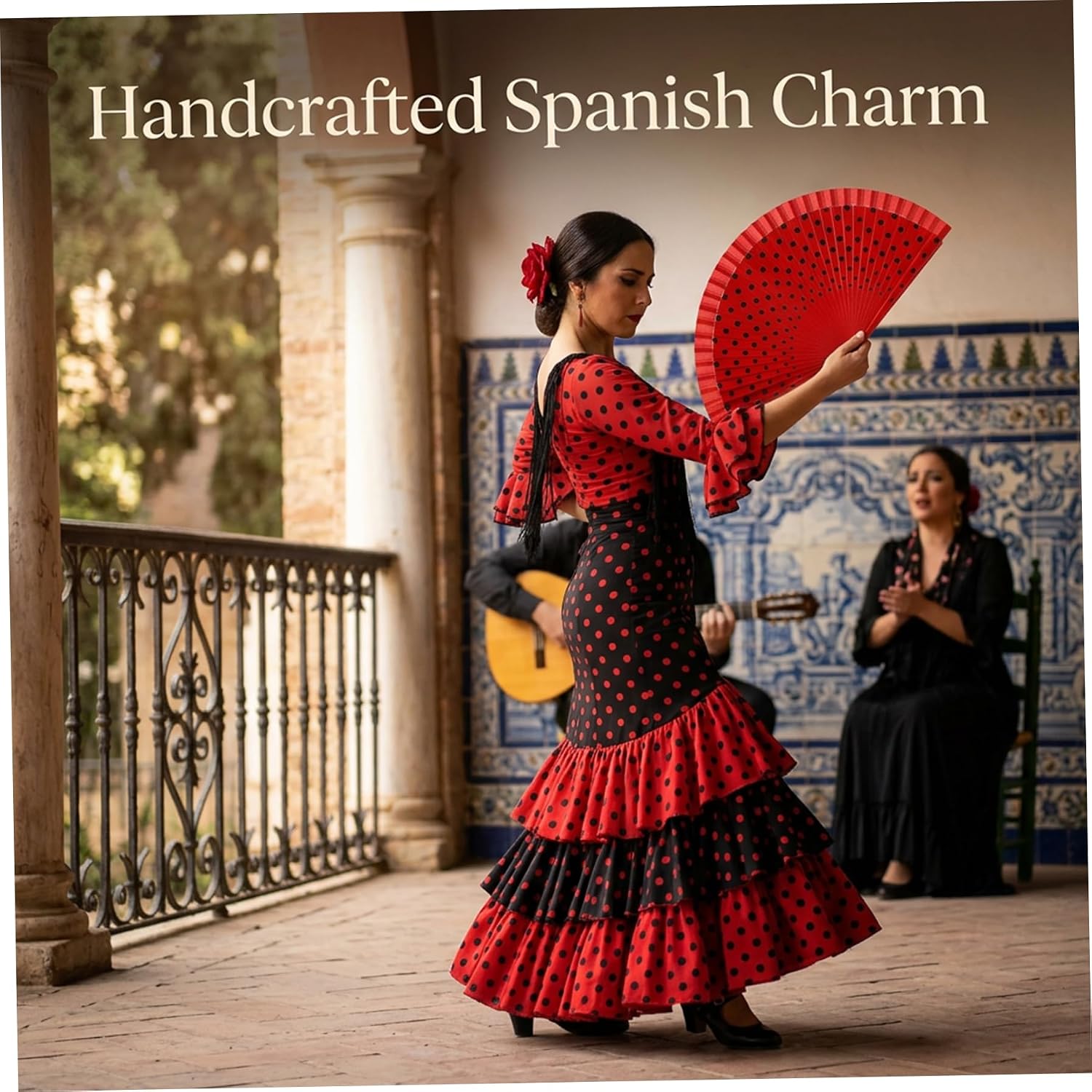 Hand Fans Foldable, Spanish Fan with Smooth Opening, Hand-Painted Dance Fans with Red Polka Dot Design on Cotton, Wooden Handle Foldable Fan for Flamenco Performances, Spanish