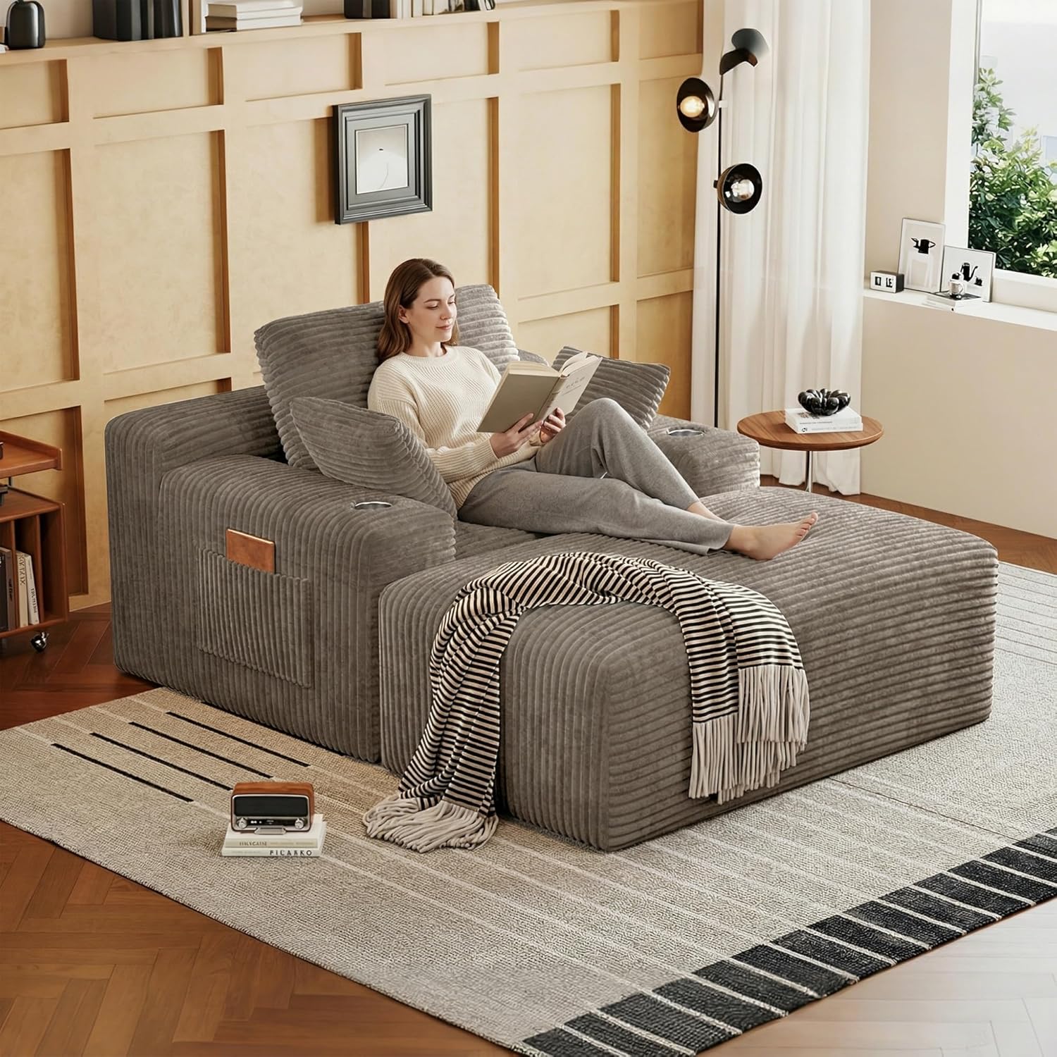 67" Oversized Chaise Lounge Chair Indoor, Corduroy Upholstered Boneless Sofa Bed, Modern Deep Seat Cloud Sleeper Couch Reading Chair for Living Room, No Assembly Required, Khaki