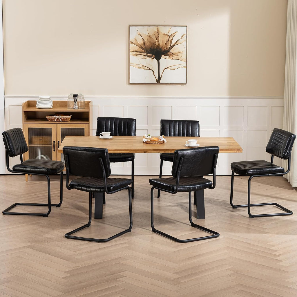 Cantilever Dining Chairs Set of 6, Mid Century Modern Dining Chairs with Black Metal Legs, Upholstered Leather Kitchen Chairs, Armless Cantilever Chair for Kitchen & Living Room, Black