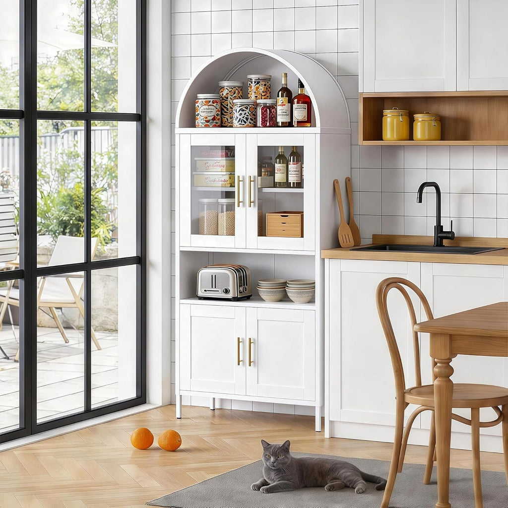 VEXPOR 73" Tall Arched Kitchen Pantry Cabinet with Doors, Metal Hutch Cabinet for Kitchen, Dining Room, Living Room, Assembly Required, White