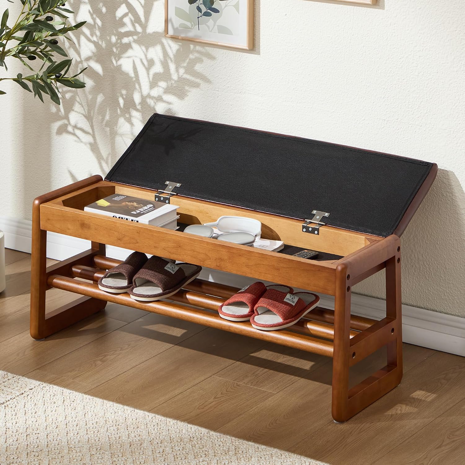 39.3" Shoe Rack Bench,2 Tiers Shoe Bench with Storage,Walnut Storage Bench with Faux Leather Cushion for Entrance Entryway Hallway Walnut PU Browm