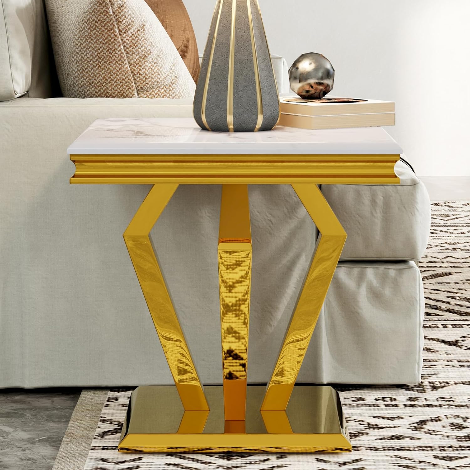 Asday White and Gold End Table for Living Room, Gold Modern End Table, 22 inch Luxury Square Side Table with Polished Geometric Base for Bedroom Home Office Balcony (1PCS)