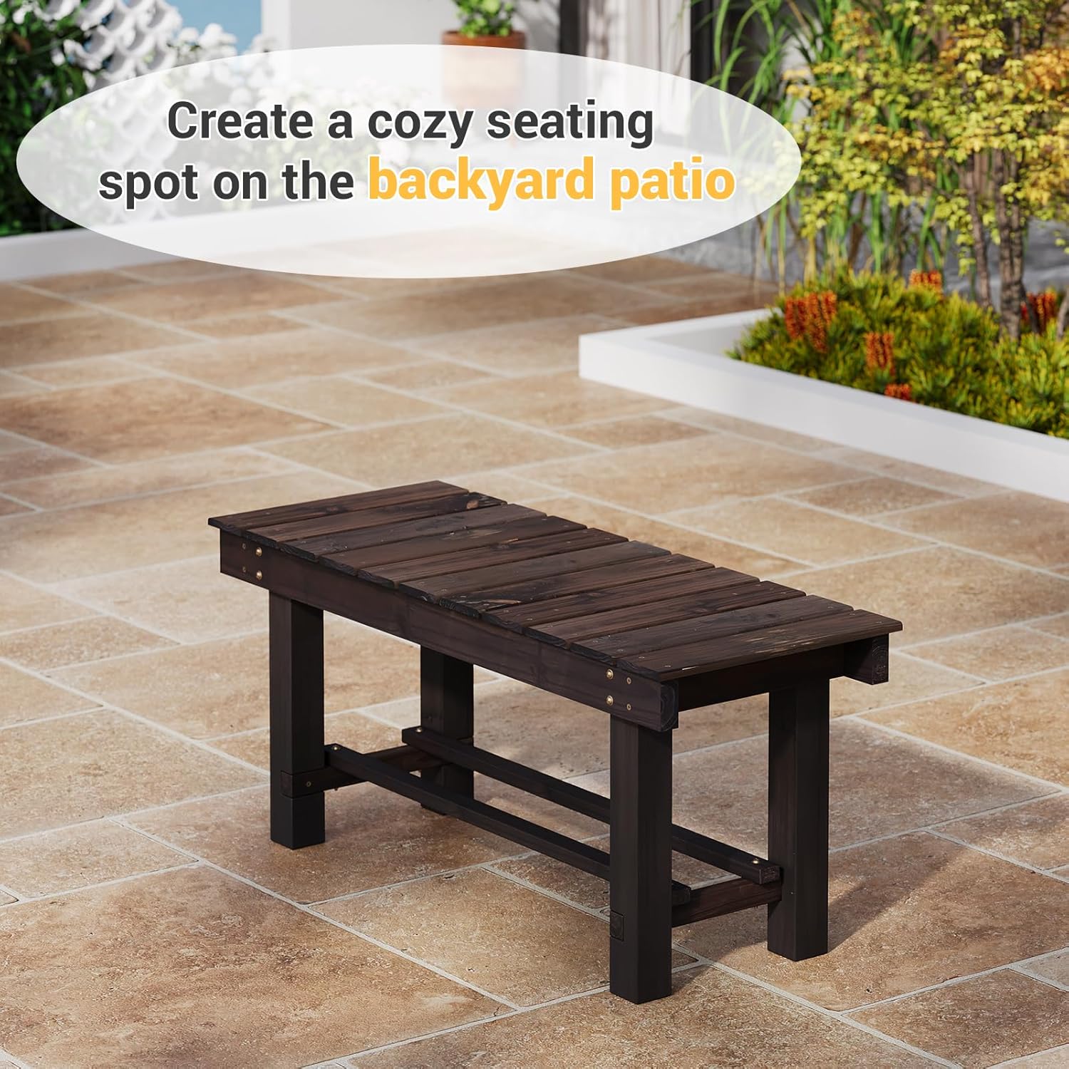 Wood Outdoor Garden Bench 35" Backless Bench 2-Person Seat 100% Solid Fir Carbonized Weatherproof Patio Bench Indoor Bathroom Seat Entryway Shoe Bench for Garden Porch Backyard Pool Balcony (Small)