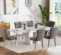Extendable Dining Table Set of 6, White Rustic Kitchen Dining Table & 6 Gray Velvet Dining Chairs with Stainless Leg, 62.99"-78.74" Dining Room Table and Chairs Set, Modern 7 Piece Dining Set