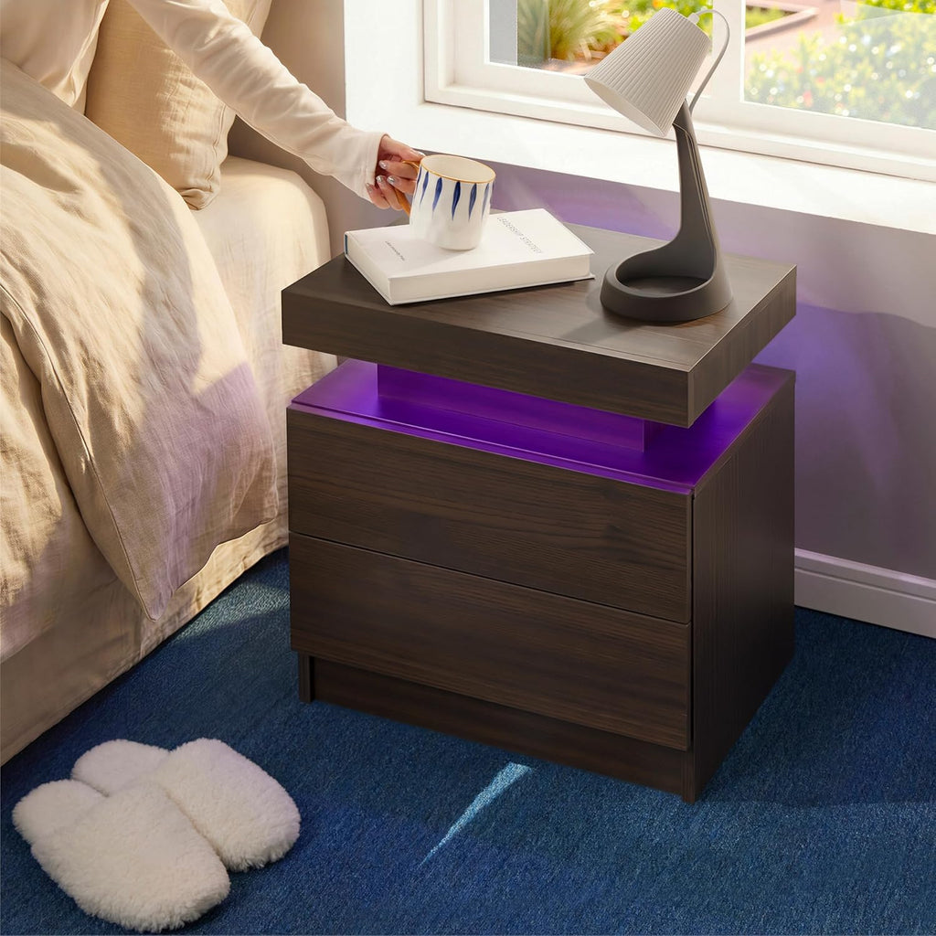 i-aplus Brown Modern LED Nightstand Set of 2 with 2 Wood Drawer for Bedroom | Nightstands with App-Controlled RGB LED Lights, Night Stand with Storgae Drawer, Modern Bedside Table for Bedroom