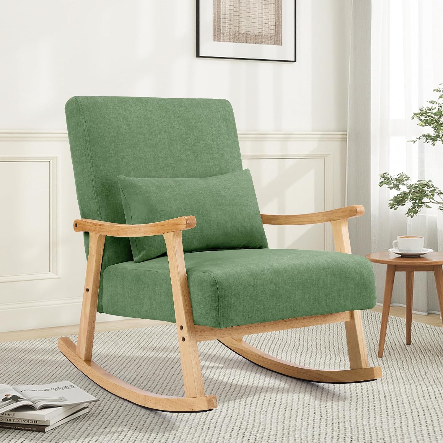 SAETSFEG Rocking Chair for Nursery with Lumbar Pillow, Upholstered Accent Chair with Solid Rubberwood Frame, Living Room & Bedroom, Cozy Reading Chair for Small Spaces, Green