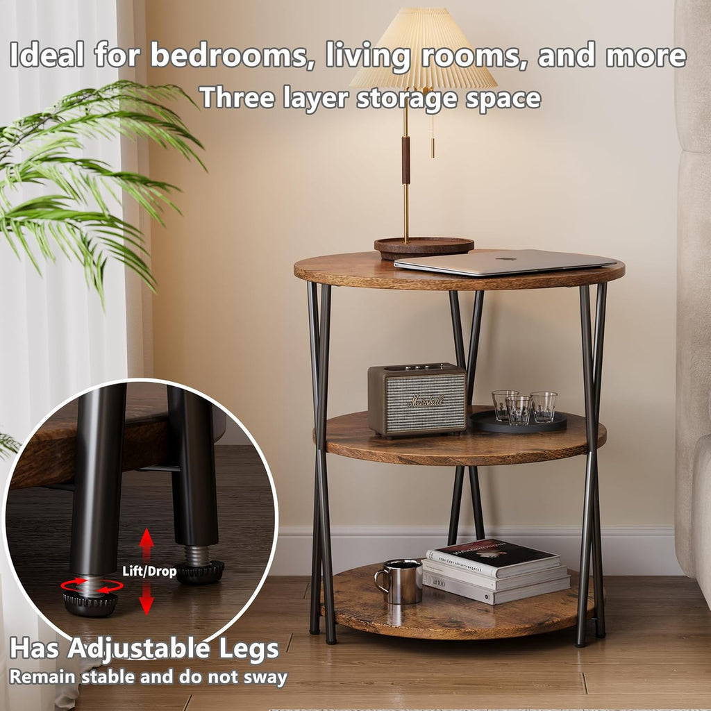 23 Inch Round Side Table 3-Tier End Table Living Room Small Patio Table Nightstands Round Coffee Table Spacious Top for Couch Bedroom 3 Storage Shelves Accent Coffee Table, Rustic Brown