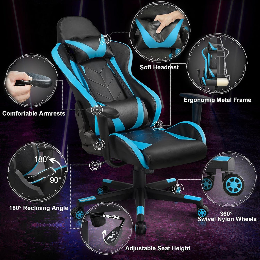 Topeakmart Video Game Chairs High Back Computer Gaming Chair Ergonomic Racing Office Chair with Lumbar Support Swivel Task Chair Neon Blue
