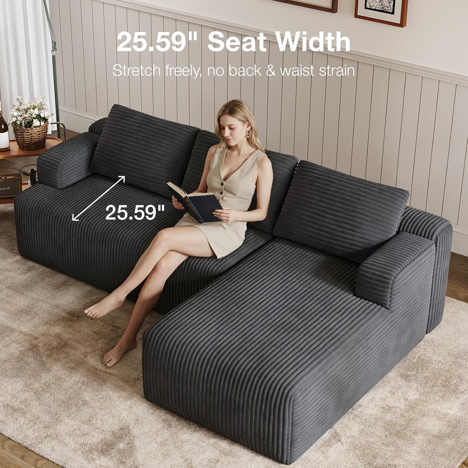 Novilla L-Shape Sectional Couches for Living Room with Smarts Coil® Support, 3 Seater Sectional Sofas for Living Room Bedroom, Corduroy Cloud Couch Sectional, No Assembly(Dark Grey, Right Hand Facing)