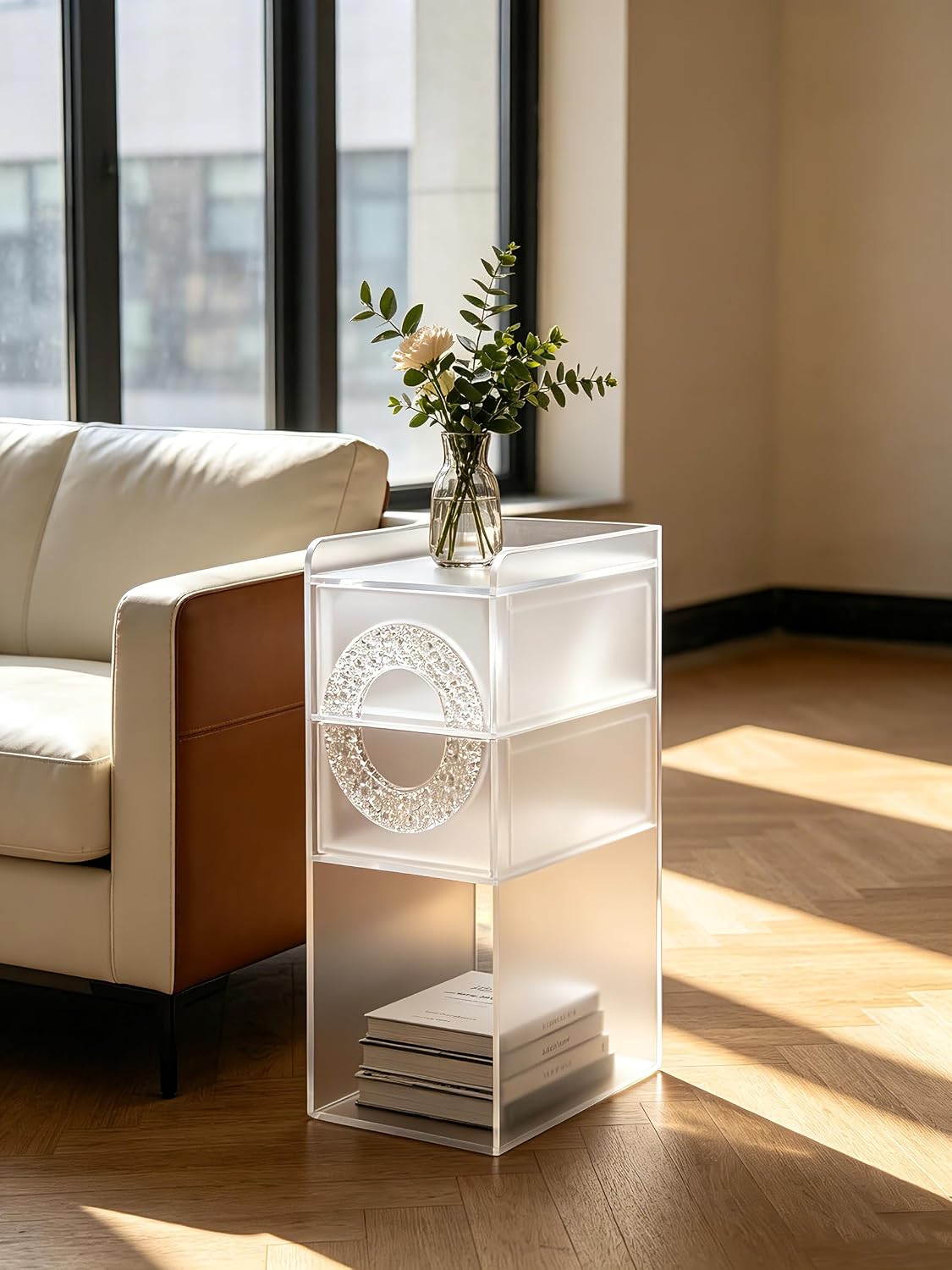 Frosted Acrylic Nightstand with 2 Drawers - Modern Slim Bedside Table for Small Spaces, 9" W x 12.6" D x 22.8" H