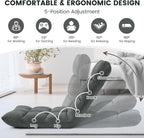 Murago Folding Floor Chair with Back Support for Adults, Adjustable Japanese Meditation; Portable Gaming Chair Recliner Seat with Comfy Cushion, for Teens, Dark Grey