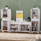 Lyromix 3 Pieces Sideboard and Pantry Set with Storage, White Farmhouse Wall Unit Entertainment Center, Large Kitchen Sideboard Buffet Pantry Cabinet with Drawers