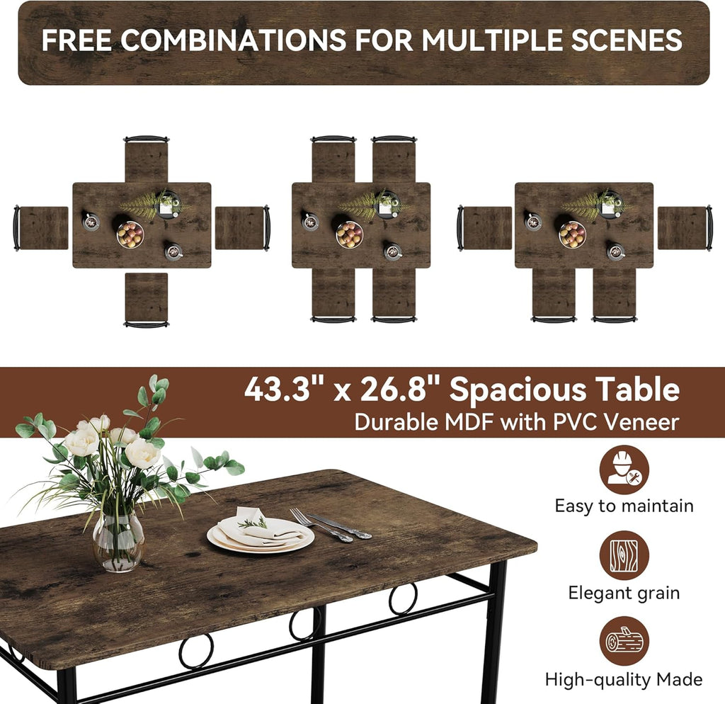 Vipbear Kitchen Dining Table Set for 4, 5-Piece Kitchen Table Set,Dining Room Table Sets,Rectangular Kitchen Table Set with 4 Chairs for Small Space, Dinette,Apartment,Rustic Brown