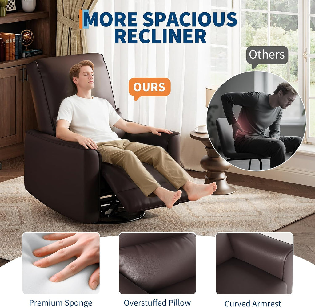 IDEALHOUSE Swivel Rocking Nursery Recliner Chair Rocker Recliner Glider Deep Seat PU Leather Sofa Chair with high Backrest for Nursery, Living Room, Bedroom & Home Movie Theater (Dark Brown)