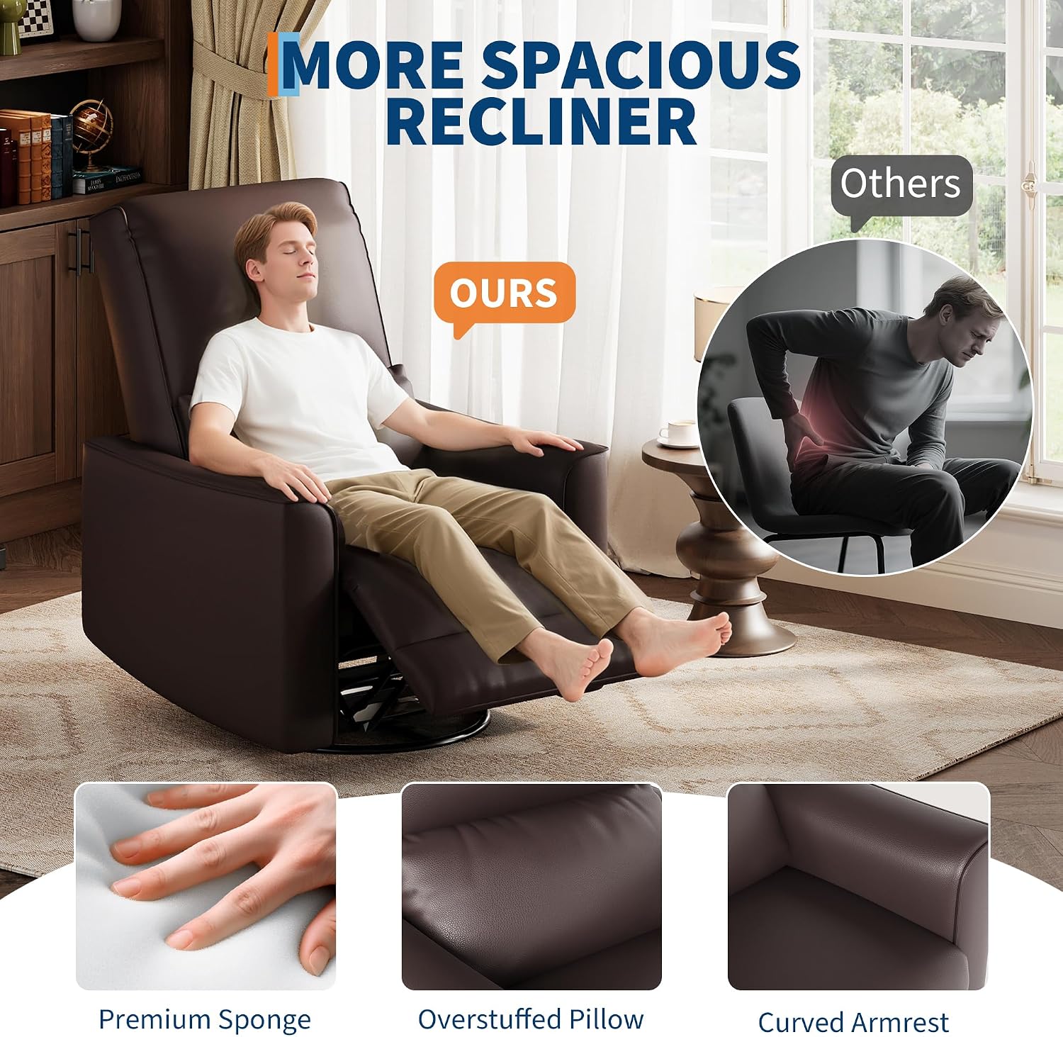 IDEALHOUSE Swivel Rocking Nursery Recliner Chair Rocker Recliner Glider Deep Seat PU Leather Sofa Chair with high Backrest for Nursery, Living Room, Bedroom & Home Movie Theater (Dark Brown)