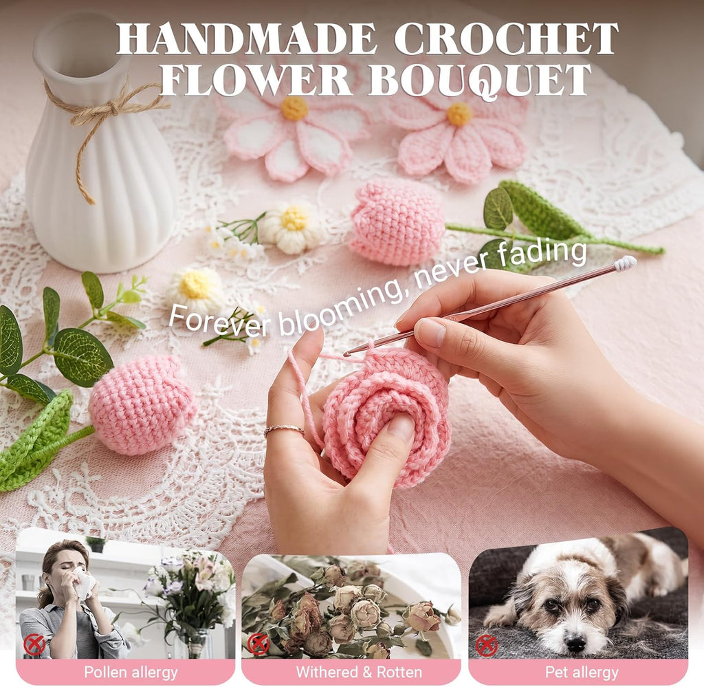 Crochet Flower Bouquet, Pink Handmade Knitted Flowers with Lights & Vase, Crochet Tulips Galsang Liliy Rose Daisy Flower for Mothers Day Graduation Wedding Lover Teacher Anniversary Birthday Gifts