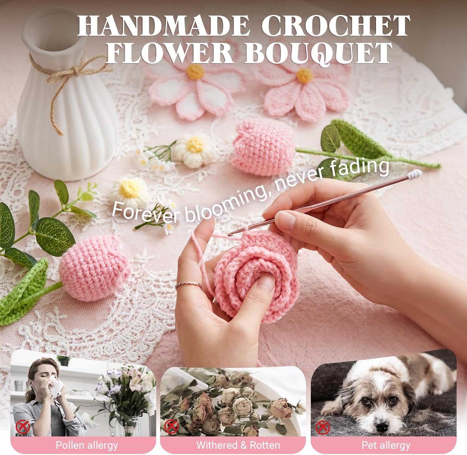 Crochet Flower Bouquet, Pink Handmade Knitted Flowers with Lights & Vase, Crochet Tulips Galsang Liliy Rose Daisy Flower for Mothers Day Graduation Wedding Lover Teacher Anniversary Birthday Gifts
