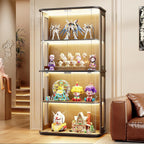 BROTTAR Rounded Display Cabinet with Glass Door, 4-Tier Curio Cabinet with Transparent Full-Display Surface for Collectibles, Glass Display Case with 3 Color Lights, Human Body Sensor, Black