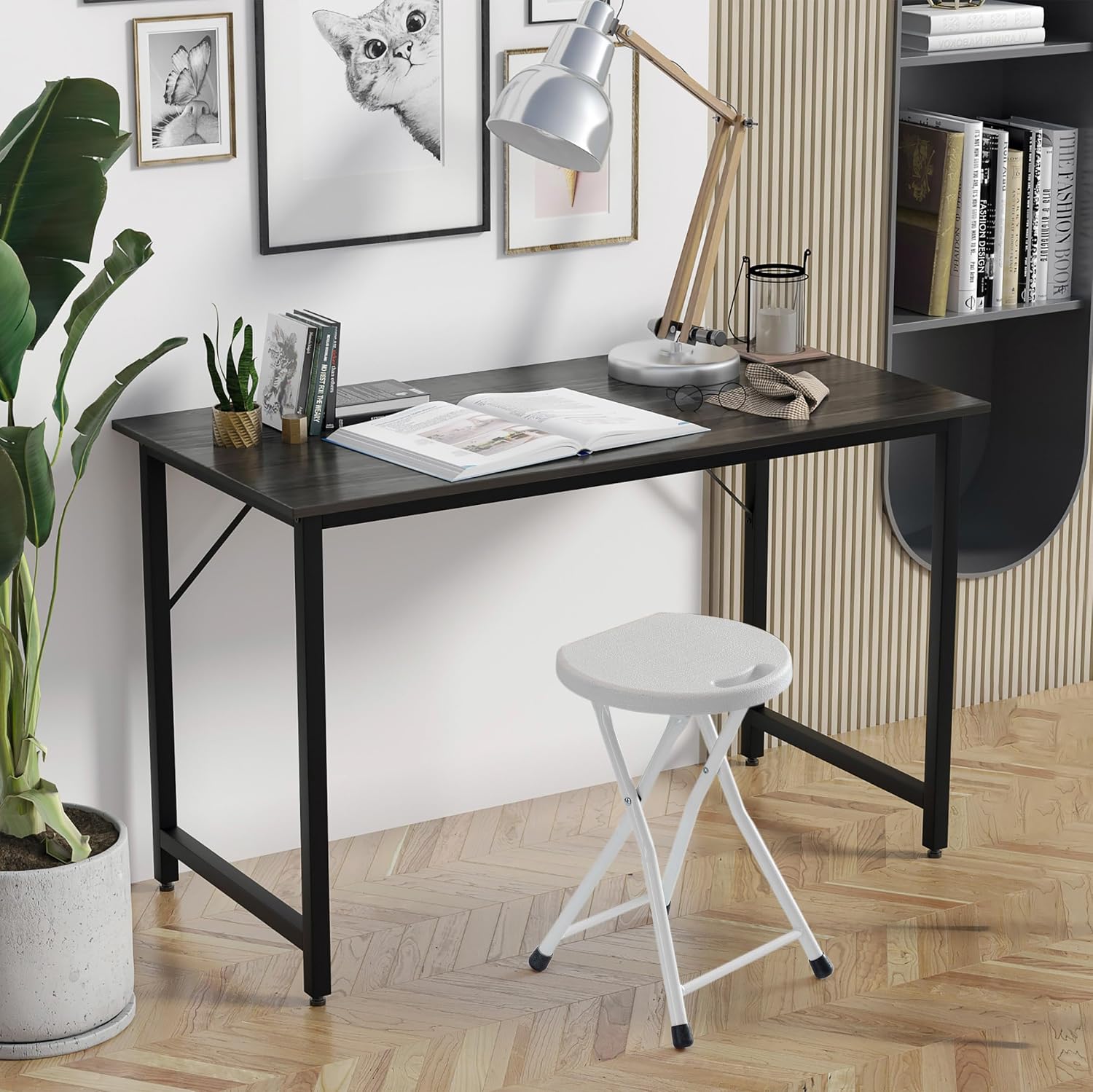 Basicwise Portable Folding Stool with Handle Compact Chair with Non-Slip Feet and Metal Frame Legs for Indoor & Outdoor Use Ideal for Dorm Kitchen Vanity Game Room Garden Porch & Home Bar, White