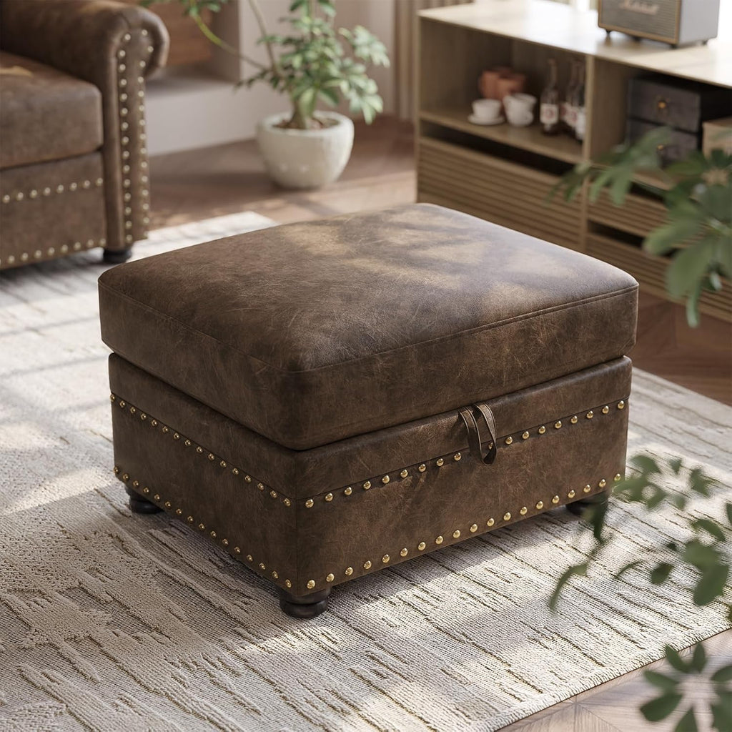 ONBRILL Faux Leather Ottoman with Storage, Rectangle Ottoman Coffee Table with Nailhead Trim, Solid Wood Legs, Oversized Upholstered Footrest Stool for Living Room, Bedroom, Apartment, Brown