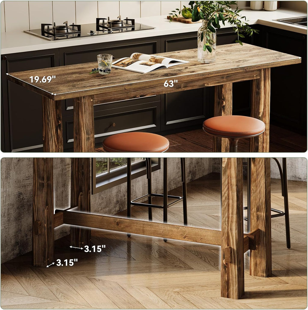 Solid Wood Bar Table, 63" Long Bar Height Pub Table, Narrow Home Bar Unit, Tall Wooden High Top Table for Kitchen, Home Bar, Café or Restaurant, Rustic Brown