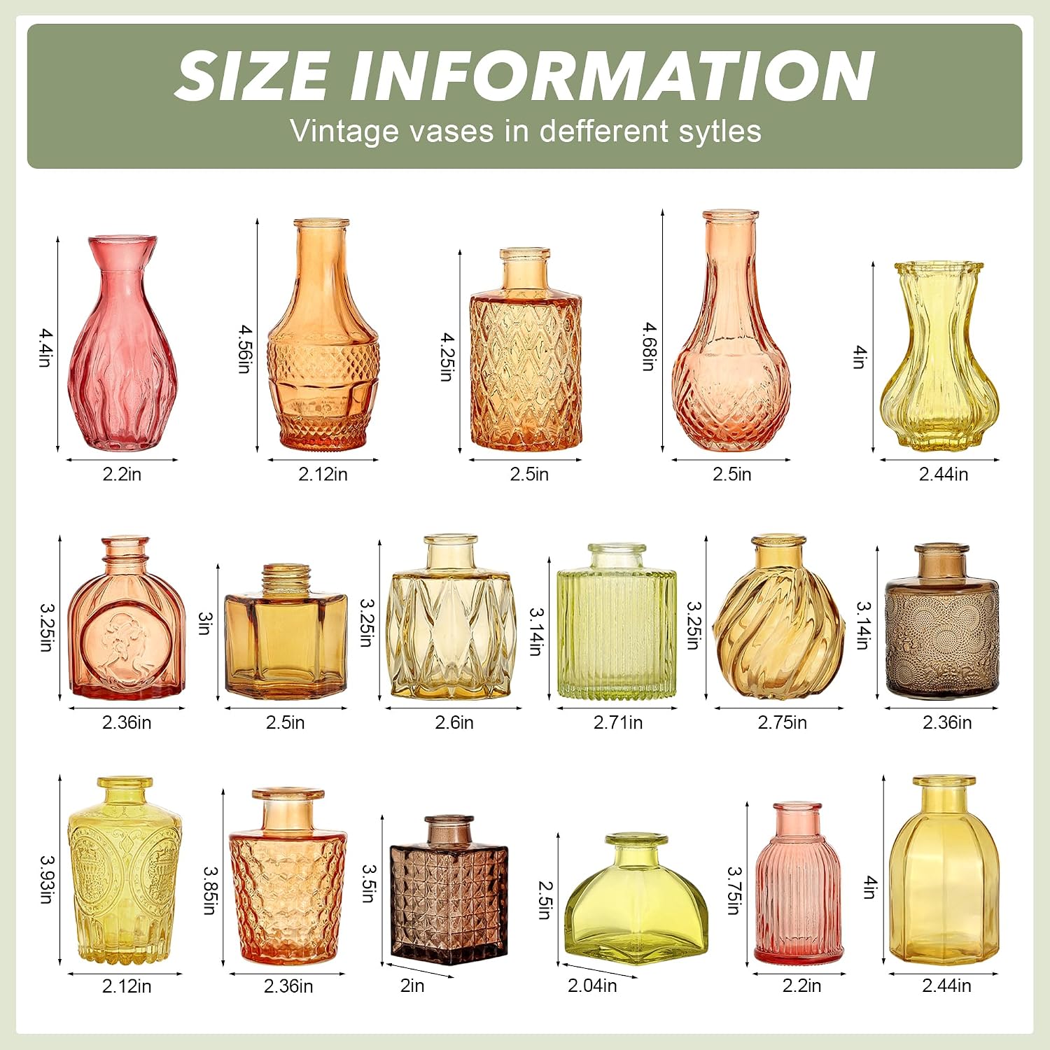 Colored Glass Vases Bulk 32 Pcs - Assorted Vintage Bud Vases for Wedding Centerpieces, Rustic Embossed Glass Bottles for Table Decor, Home Floral Arrangements with Gold Series (2-6 Inch)