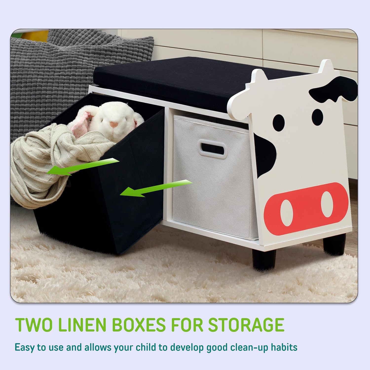 Children’s Cow Toy Storage Bench with Cushion