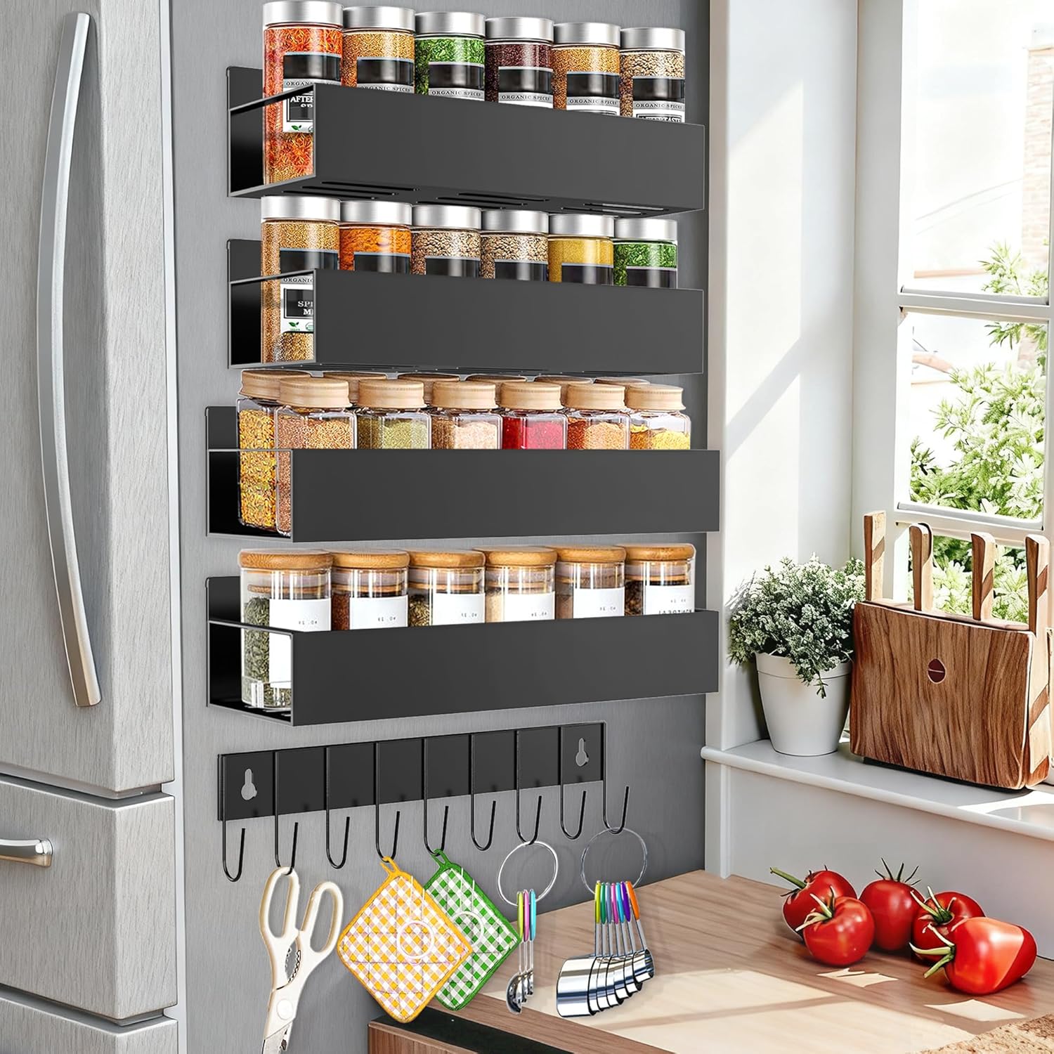 SMRCAD Magnetic Spice Rack for Refrigerator Seasoning Organizer for Spice Fridge Shelf storage Magnetic Shelf with Hook for Oven (BLACK, 5pack)