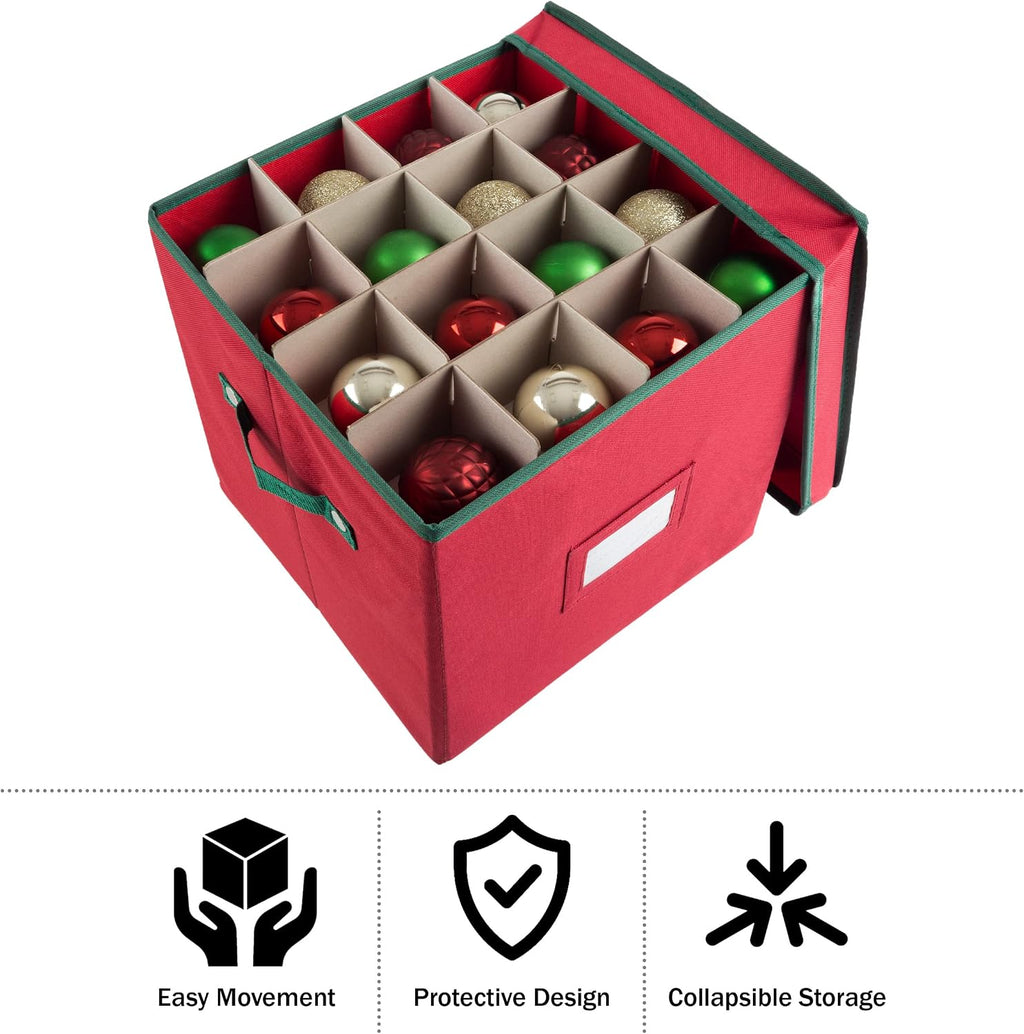 Christmas Decor Storage Box - Red Oxford Canvas Ornament Cube Chest with 64 Compartment Dividers, Riveted Handles, and Lid by Elf Stor