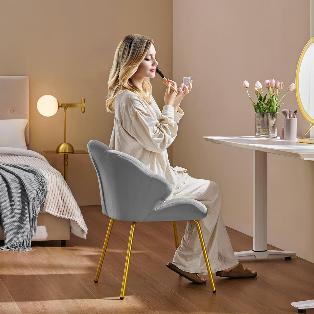 Yaheetech Vanity Chair, Velvet Accent Chair with Shell-Shaped Backrest, Modern Armchair with Gold Metal Legs for Dressing Room/Bedroom/Living Room, Light Gray