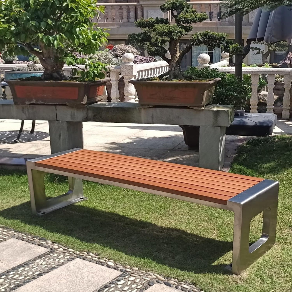 Outdoor Bench with Wooden seat and Stainless Steel Legs, Capable of Supporting 1000kg, Suitable for Stations, Parks, courtyards, and Streets Yellow - Loop-Shaped 150cm