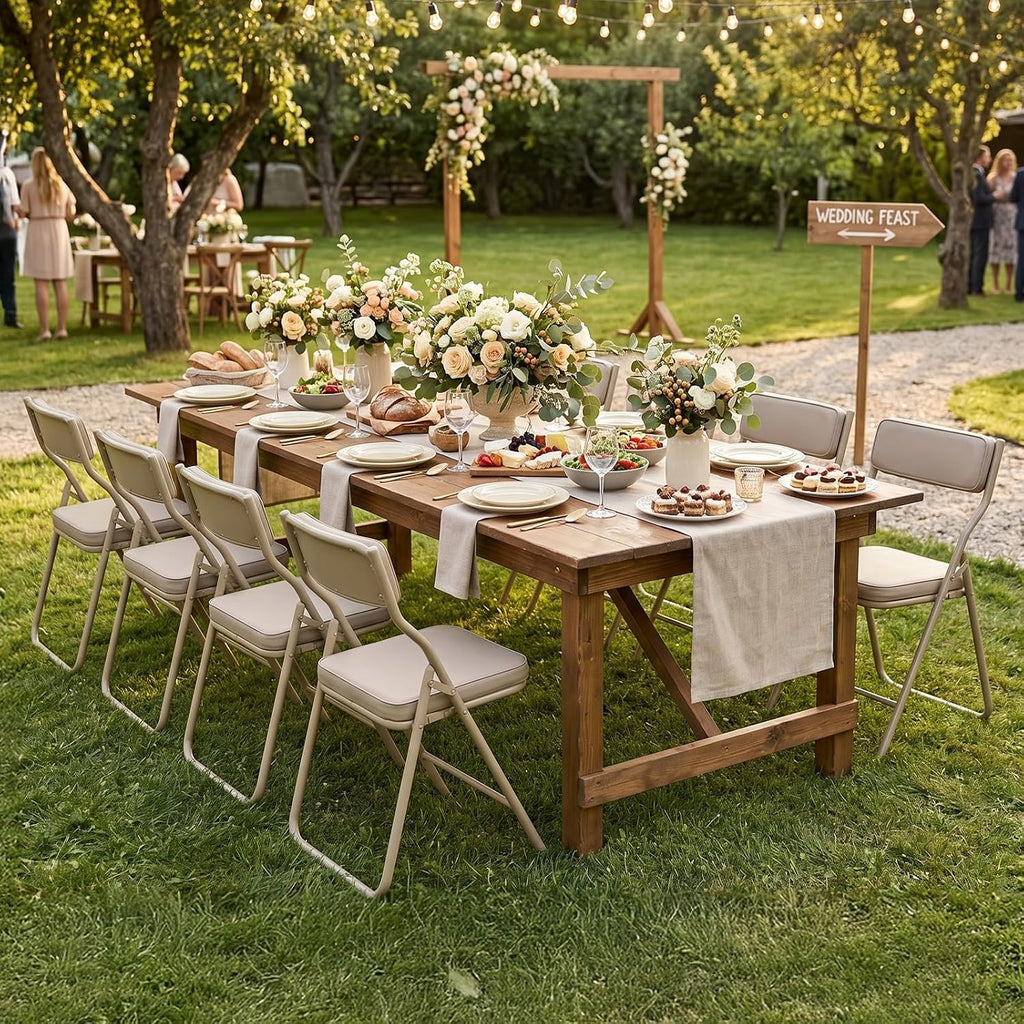 2 Pack Padded Folding Chairs with Cushion, Foldable Dining Chair Set Portable Indoor Outdoor Stackable Folding Chairs with Steel Frame for Home Office Events Wedding Party Khaki