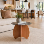 Modern Round Side Table for Living Room, 19.7" Glass Top End Table | Coffee Table with Walnut Rubber Wood Sculptural Petal Base for Living Room Sofa Corner Bedroom