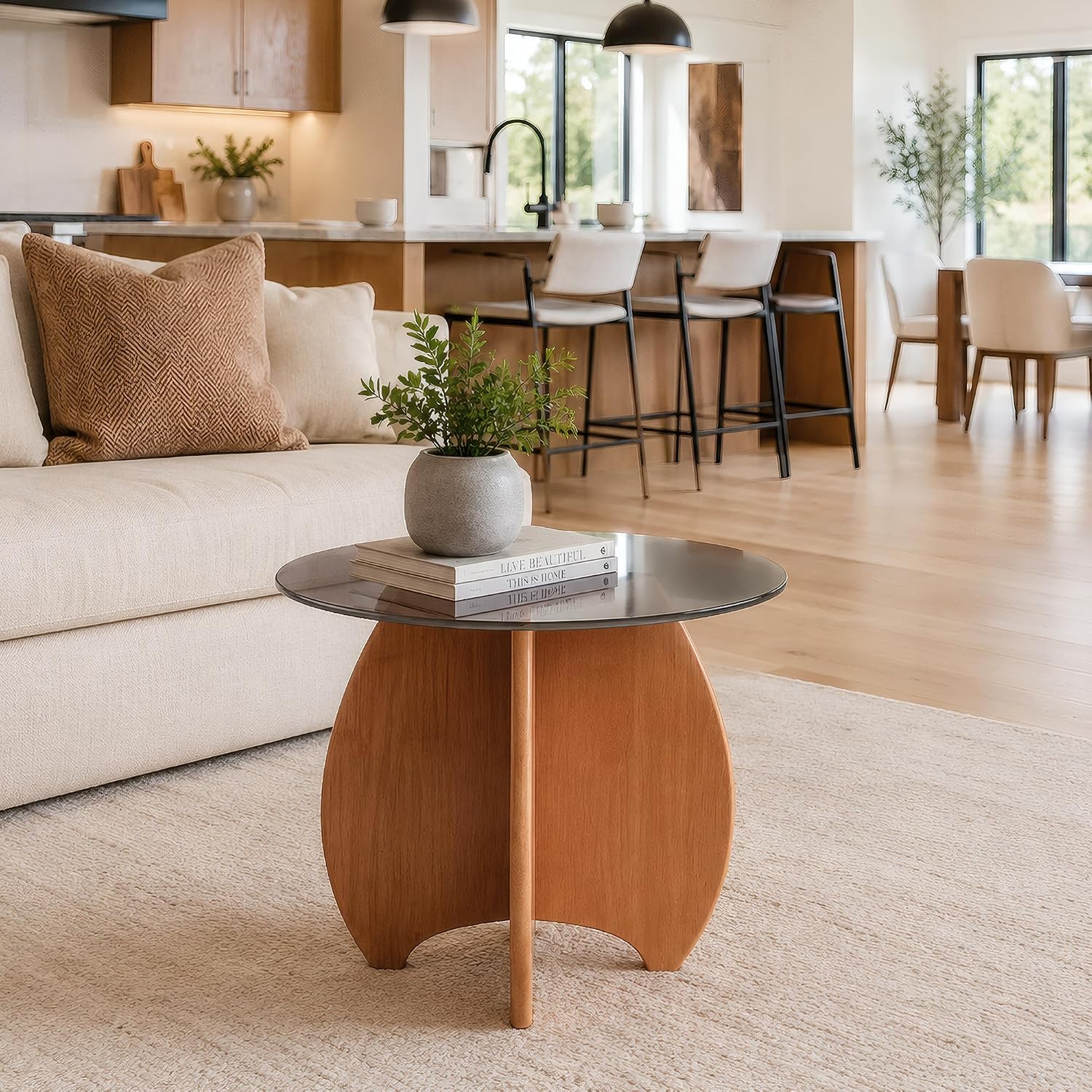 Modern Round Side Table for Living Room, 19.7" Glass Top End Table | Coffee Table with Walnut Rubber Wood Sculptural Petal Base for Living Room Sofa Corner Bedroom