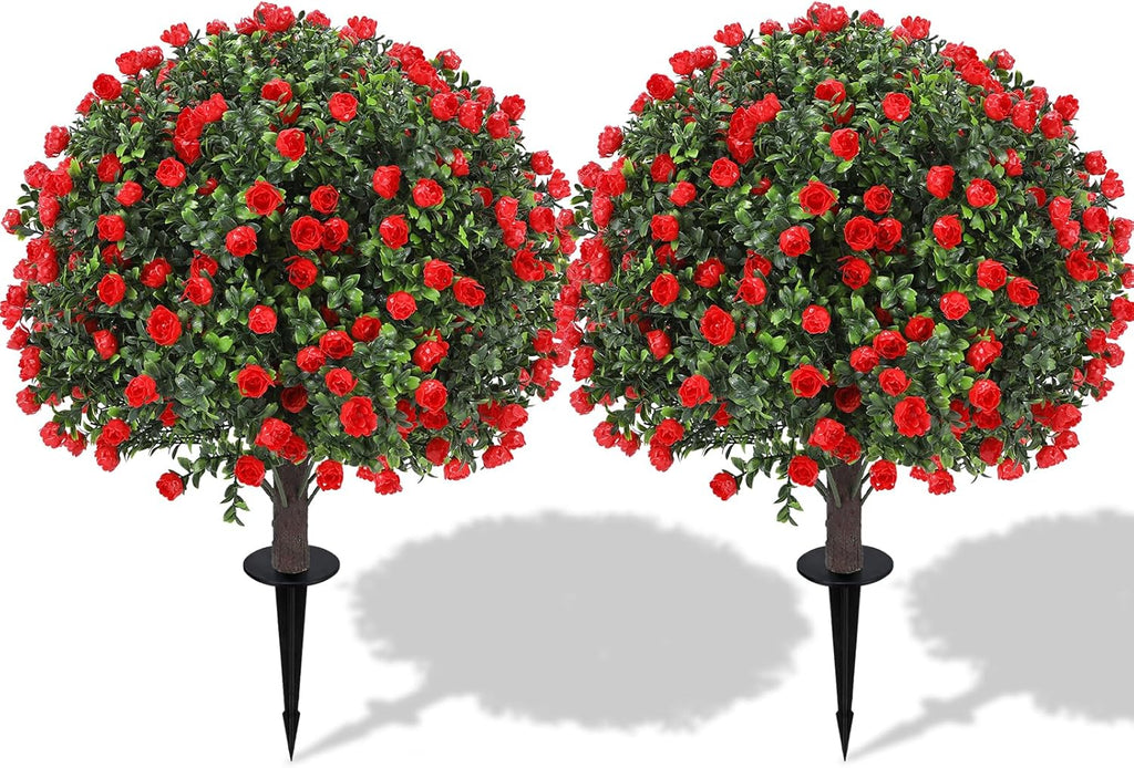 25" Artificial Red Rose Topiary Ball Trees with Ground Spike (Set of 2), UV Resistant Faux Plants into Anywhere, Evergreen Boxwood Shrubs, for Indoor Outdoor Front Porch Garden Backyard Decor