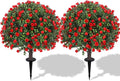 25" Artificial Red Rose Topiary Ball Trees with Ground Spike (Set of 2), UV Resistant Faux Plants into Anywhere, Evergreen Boxwood Shrubs, for Indoor Outdoor Front Porch Garden Backyard Decor