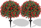 25" Artificial Red Rose Topiary Ball Trees with Ground Spike (Set of 2), UV Resistant Faux Plants into Anywhere, Evergreen Boxwood Shrubs, for Indoor Outdoor Front Porch Garden Backyard Decor