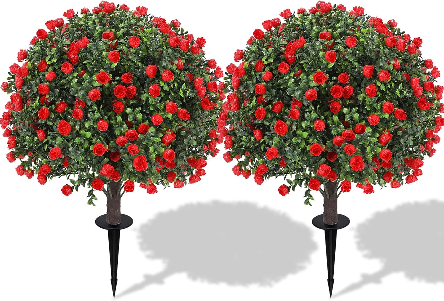 25" Artificial Red Rose Topiary Ball Trees with Ground Spike (Set of 2), UV Resistant Faux Plants into Anywhere, Evergreen Boxwood Shrubs, for Indoor Outdoor Front Porch Garden Backyard Decor