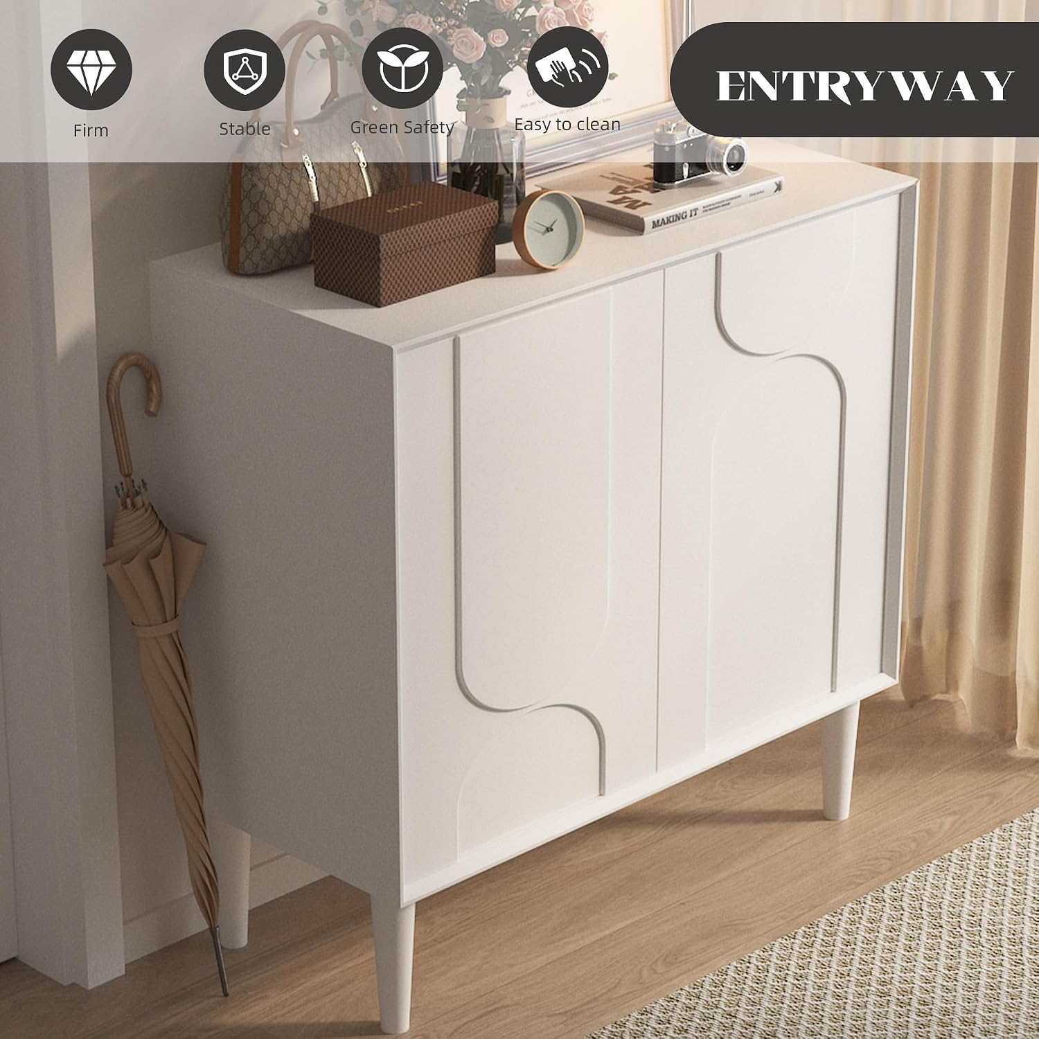 Easyego 31.5″ Mid Century Modern Sideboard Buffet Cabinet, White Wood Accent Storage with 2 Doors & Adjustable Shelves for Living Room, Entryway, Dining Room